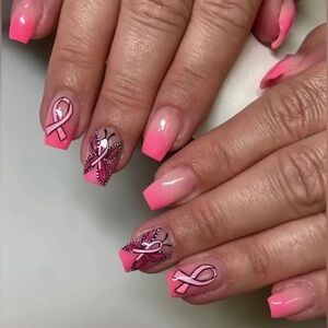 24 pcs glossy short square press on nails- pink Cancer ribbons 🎀